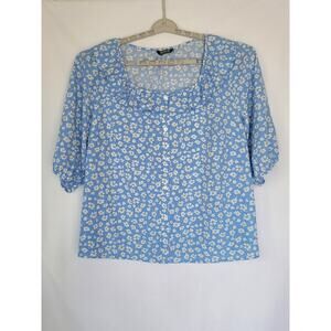 Bloomchic Light Blue White Flowers 3/4 Balloon Sleeve Ruffle Neck Blouse 22/24
